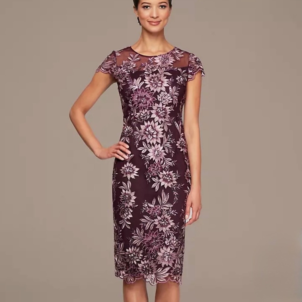 Alex Evenings Sheath Dress Floral Embroidered Mesh‎ Sequin Plum Event Formal 12